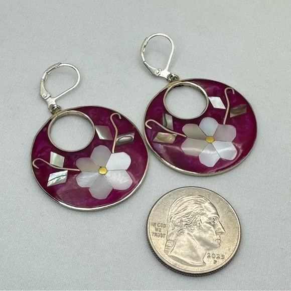 Vintage Taxco Mexico Silver Mother of Pearl Abalone Pink Flower Dangle Earrings - Picture 6 of 9